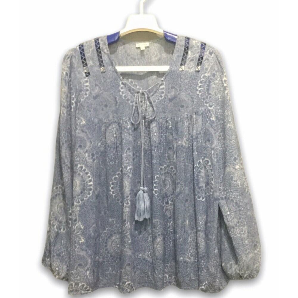 En Creme Top Boho Cottagecore Floral Blue Tassel Tie Top Blouse Small